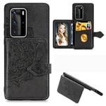 For Huawei P40 Pro Mandala Embossed Magnetic Cloth PU + TPU + PC Case with Holder & Card Slots & Wallet & Photo Frame & Strap(Black)