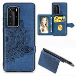 For Huawei P40 Pro Mandala Embossed Magnetic Cloth PU + TPU + PC Case with Holder & Card Slots & Wallet & Photo Frame & Strap(Blue)