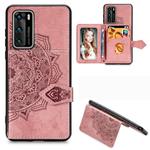 For Huawei P40 Mandala Embossed Magnetic Cloth PU + TPU + PC Case with Holder & Card Slots & Wallet & Photo Frame & Strap(Rose Gold)
