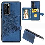 For Huawei P40 Mandala Embossed Magnetic Cloth PU + TPU + PC Case with Holder & Card Slots & Wallet & Photo Frame & Strap(Blue)