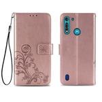 For Motorola Moto G8 Power Lite Four-leaf Clasp Embossed Buckle Mobile Phone Protection Leather Case with Lanyard & Card Slot & Wallet & Bracket Function(Rose Gold)