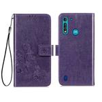 For Motorola Moto G8 Power Lite Four-leaf Clasp Embossed Buckle Mobile Phone Protection Leather Case with Lanyard & Card Slot & Wallet & Bracket Function(Purple)