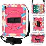 For iPad 9.7 (2018) & (2017) 360 Degree Rotation PC + Silicone Shockproof Combination Case with Holder & Hand Grip Strap & Neck Strap(Colorful+Hot Pink)