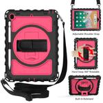 For iPad 9.7 (2018) & (2017) 360 Degree Rotation PC + Silicone Shockproof Combination Case with Holder & Hand Grip Strap & Neck Strap(Black+Hot Pink)