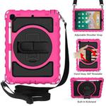 For iPad 9.7 (2018) & (2017) 360 Degree Rotation PC + Silicone Shockproof Combination Case with Holder & Hand Grip Strap & Neck Strap(Hot Pink)