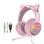 PANTSAN PSH-400 USB Computer Head-Mounted Luminous RGB Wired Headset, Specification:3.5mm Pink+Cat Ear