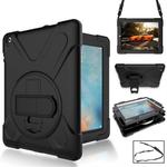 360 Degree Rotation Silicone Protective Cover with Holder and Hand Strap and Long Strap for iPad 6 / iPad Air 2(Black)