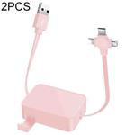 2 PCS 3A USB To 8Pin + Micro USB + USB-C / Type-C Telescopic Three-In-One Data Cable with Mobile Phone Holder Data Cable, Length: 1m(Cherry Pink)