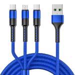 1.25m 3 In 1 USB to Dual Type-C + Micro USB Quick Charging Sync Data Cable, Output: 3A (Blue)