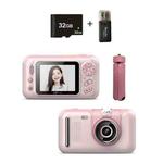 2.4 Inch Children HD Reversible Photo SLR Camera, Color: Pink + 32G Memory Card + Card Reader