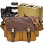 Outdoor Waterproof Camera Bag Leather Waxed Canvas Crossbody Photography Bag(Earth Yellow)