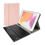 RK102C Detachable Magnetic Plastic Bluetooth Keyboard with Touchpad + Silk Pattern TPU Tablet Case for iPad 10.2, with Pen Slot & Bracket(Rose Gold)