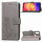 Lucky Clover Pressed Flowers Pattern Leather Case for Xiaomi Redmi Note 7, with Holder & Card Slots & Wallet & Hand Strap (Grey)