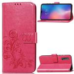 Lucky Clover Pressed Flowers Pattern Leather Case for Xiaomi Mi 9, with Holder & Card Slots & Wallet & Hand Strap(Rose Red)