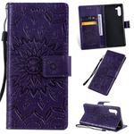 Pressed Printing Sunflower Pattern Horizontal Flip PU Leather Case for Galaxy Note 10, with Holder & Card Slots & Wallet & Lanyard (Purple)