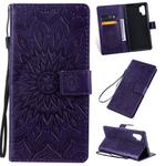 Pressed Printing Sunflower Pattern Horizontal Flip PU Leather Case for Galaxy Note 10+ / Note 10 Pro, with Holder & Card Slots & Wallet & Lanyard (Purple)