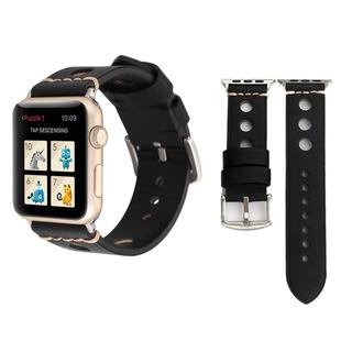 For Apple Watch Series 7 45mm / 6 & SE & 5 & 4 44mm / 42mm 3 & 2 & 1 Retro Hole Genuine Leather Wrist Watch Band(Black)