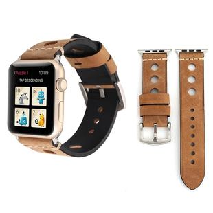 For Apple Watch Series 7 45mm / 6 & SE & 5 & 4 44mm / 42mm 3 & 2 & 1 Retro Hole Genuine Leather Wrist Watch Band(Khaki)