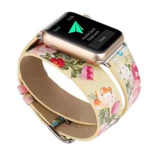 For Apple Watch Series 3 & 2 & 1 38mm New Style Chinese Ink Flower Pattern Two-loop Genuine Leather Wrist Watch Band(Yellow)