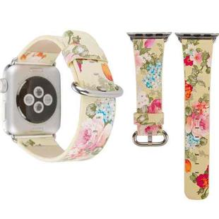 For Apple Watch Series 3 & 2 & 1 38mm New Style Chinese Ink Floral Pattern Genuine Leather Wrist Watch Band(Yellow)