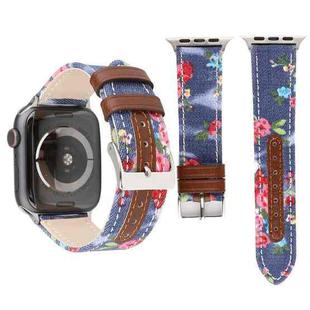 Denim Flower Pattern Genuine Leather Watch Band for Apple Watch Series 7 45mm / 6 & SE & 5 & 4 44mm / 3 & 2 & 1 42mm(Dark Blue)