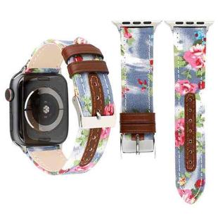 Denim Flower Pattern Genuine Leather Watch Band for Apple Watch Ultra 49mm / Series 8&7 45mm / SE 2&6&SE&5&4 44mm / 3&2&1 42mm(Baby Blue)