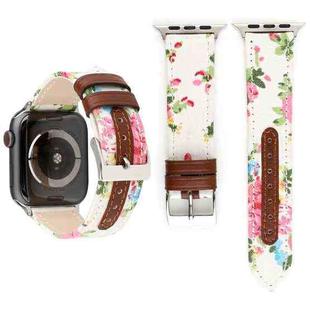 Denim Flower Pattern Genuine Leather Watch Band for Apple Watch Series 7 45mm / 6 & SE & 5 & 4 44mm / 3 & 2 & 1 42mm(White)