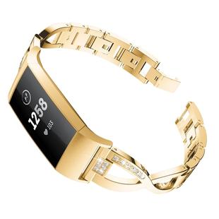 X-shaped Diamond-studded Metal Steel Watch Band for Fitbit Charge 3(Gold)