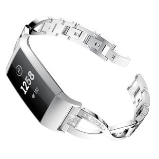 X-shaped Diamond-studded Metal Steel Watch Band for Fitbit Charge 3(Silver)