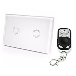 120mm 2 Gang Tempered Glass Panel Wall Switch Smart Home Light Touch Switch with RF433 Remote Controller, AC 110V-240V(White)