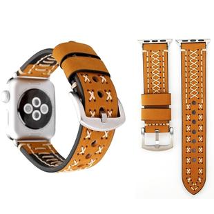 For Apple Watch Series 8&7 41mm / SE 2&6&SE&5&4 40mm / 3&2&1 38mm Manual Line Pattern Genuine Leather Wrist Watch Band(Khaki)