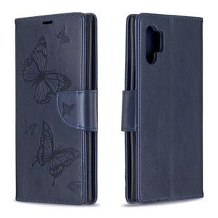 Two Butterflies Embossing Pattern Horizontal Flip Leather Case with Holder & Card Slot & Wallet & Lanyard for Galaxy Note10+(Dark Blue)
