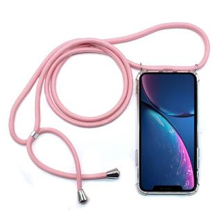 For iPhone XR Four-Corner Anti-Fall Transparent TPU Mobile Phone Case With Lanyard(Pink)