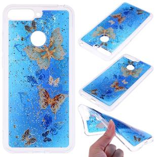 Cartoon Pattern Gold Foil Style Dropping Glue TPU Soft Protective Case for Huawei Y6 (2018)(Blue Butterfly)