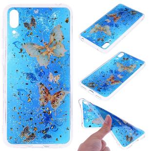 Cartoon Pattern Gold Foil Style Dropping Glue TPU Soft Protective Case for Huawei Enjoy 9(Blue Butterfly)