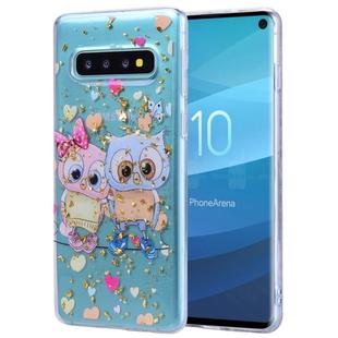 Cartoon Pattern Gold Foil Style Dropping Glue TPU Soft Protective Case for Galaxy S10+(Loving Owl)