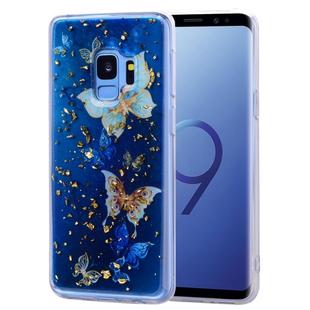 Cartoon Pattern Gold Foil Style Dropping Glue TPU Soft Protective Case for Galaxy S9(Blue Butterfly)