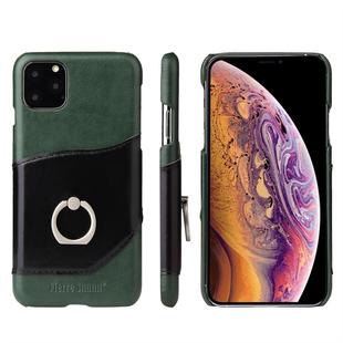 For iPhone 11 Pro Fierre Shann Oil Wax Texture Genuine Leather Back Cover Case with 360 Degree Rotation Holder & Card Slot (Green)