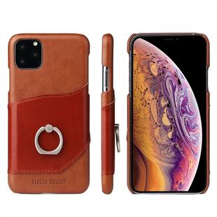 For iPhone 11 Fierre Shann Oil Wax Texture Genuine Leather Back Cover Case with 360 Degree Rotation Holder & Card Slot (Brown)