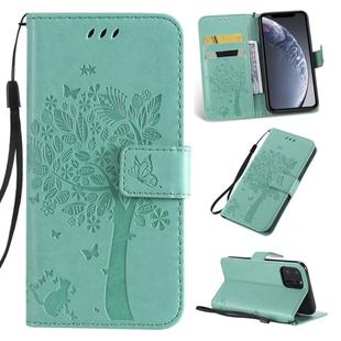 For iPhone 11 Pro Tree & Cat Pattern Pressed Printing Horizontal Flip PU Leather Case with Holder & Card Slots & Wallet & Lanyard (Green)