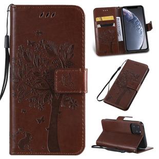 For iPhone 11 Pro Tree & Cat Pattern Pressed Printing Horizontal Flip PU Leather Case with Holder & Card Slots & Wallet & Lanyard (Brown)