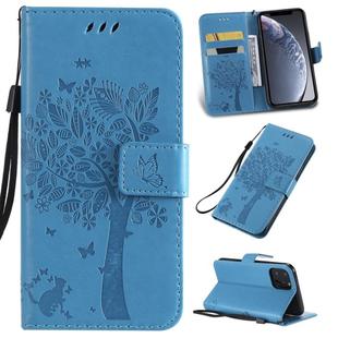 For iPhone 11 Pro Tree & Cat Pattern Pressed Printing Horizontal Flip PU Leather Case with Holder & Card Slots & Wallet & Lanyard (Blue)