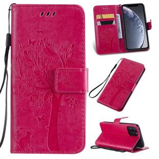 For iPhone 11 Pro Tree & Cat Pattern Pressed Printing Horizontal Flip PU Leather Case with Holder & Card Slots & Wallet & Lanyard (Rose Red)