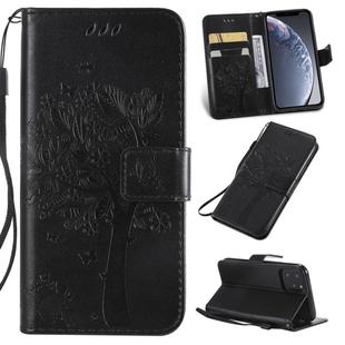 For iPhone 11 Pro Tree & Cat Pattern Pressed Printing Horizontal Flip PU Leather Case with Holder & Card Slots & Wallet & Lanyard (Black)
