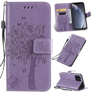 For iPhone 11 Pro Tree & Cat Pattern Pressed Printing Horizontal Flip PU Leather Case with Holder & Card Slots & Wallet & Lanyard (Light Purple)