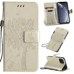 For iPhone 11 Pro Tree & Cat Pattern Pressed Printing Horizontal Flip PU Leather Case with Holder & Card Slots & Wallet & Lanyard (Gold)