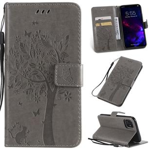 For iPhone 11 Tree & Cat Pattern Pressed Printing Horizontal Flip PU Leather Case with Holder & Card Slots & Wallet & Lanyard (Grey)