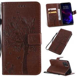 For iPhone 11 Tree & Cat Pattern Pressed Printing Horizontal Flip PU Leather Case with Holder & Card Slots & Wallet & Lanyard (Brown)