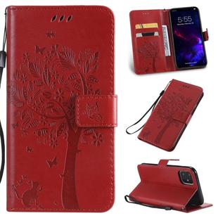 For iPhone 11 Tree & Cat Pattern Pressed Printing Horizontal Flip PU Leather Case with Holder & Card Slots & Wallet & Lanyard (Red)