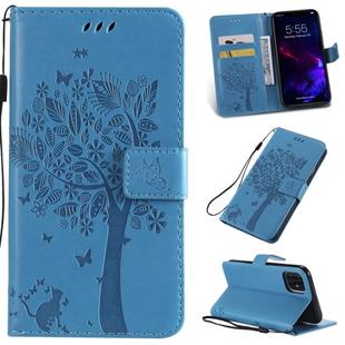 For iPhone 11 Tree & Cat Pattern Pressed Printing Horizontal Flip PU Leather Case with Holder & Card Slots & Wallet & Lanyard (Blue)